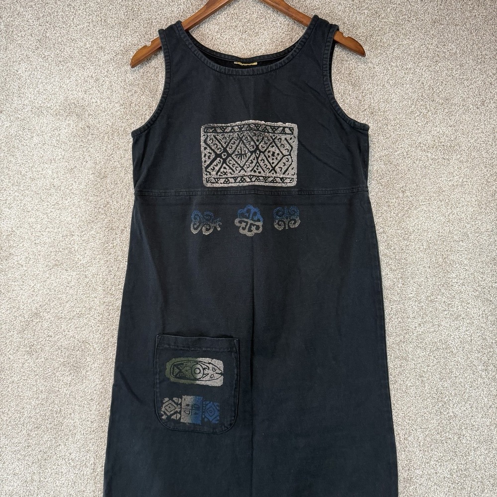 Blue Cactus? Cotton Smock Sleeveless Black Straight Midi Dress S/M Tribal Pocket
